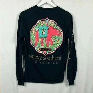 Simply Southern Black Tee Whimsy Colorful Crew Neck Pullover Blue Floral Size S